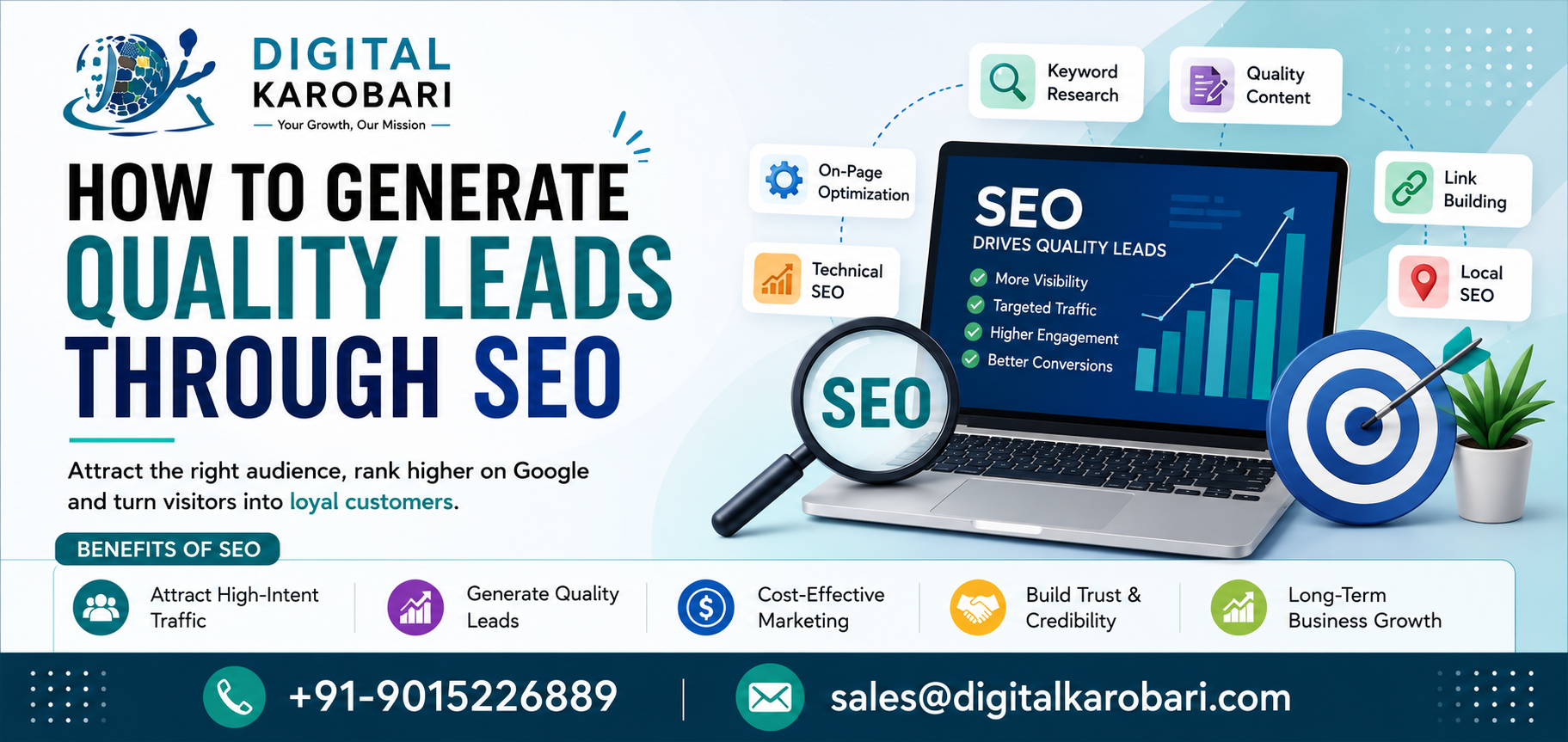Digital Karobari banner titled "How to Generate Quality Leads Through SEO" featuring SEO graphics, keyword research, on-page optimization, technical SEO, local SEO, link building, and contact details for expert SEO services.